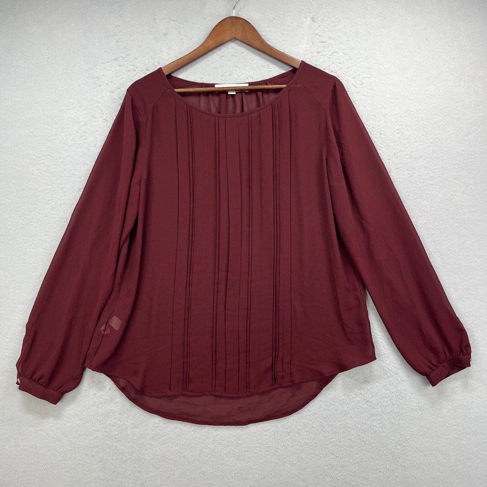 LOFT Blouse Womens Medium Burgundy Red Pleated Long Sleeve Chiffon Office Chic
